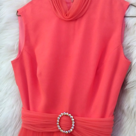 Vintage Jack Bryan Dress Chiffon Coral 60s Pleated Lettuce Ruffle Skirt Small - Picture 4 of 9